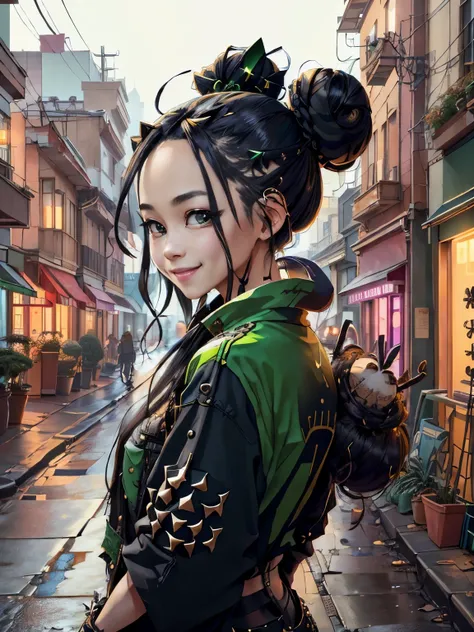 smile、　facing forward、Magic Punk AI Street  , cluttered environment、((Long hair in two buns)), Forehead is exposed.、black hair、green eyes、
