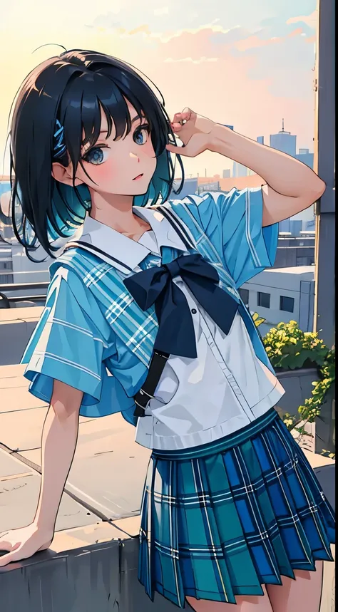 (child)，（masterpiece，Top quality)，Blue-green plaid pleated mini skirt，short sleeve，black hair，Summer Classroom，rooftop