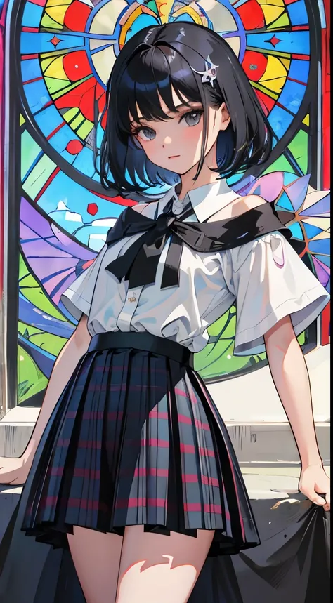 (child)，（masterpiece，Top quality)，Gray plaid pleated mini skirt，short sleeve，black hair，Summer Classroom，tarot，Mucha，Stained glass