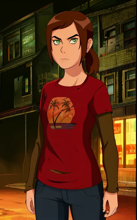 elliet1, green eyes, brown hair, low ponytail, red shirt, dirty clothes, long sleeves, upper body, standing, serious,   neon lig...