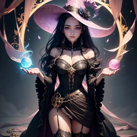 A teenage boy joins a witch coven and magically transformed into a cute female witch apprentice, experiencing a gender-bending ritual. She now has enchanting pink eyes and long black hair. Her pretty face has soft feminine features and she has lipstick glo...