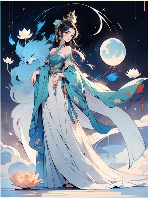 Chinese Mythology Art，Mountain and sea sutra style，Change，Moon，Ink painting blooming，watercolor illustration，Western style woman，front，whole body，Slim figure，beautiful face，Exquisite facial features，Light makeup，A thin veil，Western Regions costumes，Long si...