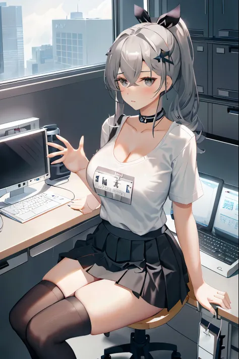 Silver wolf, honkai star rail, 1girl, solo, ((white shirt)), black thighhighs, breasts, cleavage, uniform, office background, black skirt, pleated skirt, office, hair between eyes, hair ornament, large breasts, long hair, looking at viewer, silver short na...