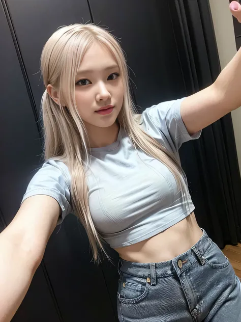 masterpiece: 1.4, (8K, Reality, RAW photograph, best quality: 1.4), bright lighting, beautiful detailed eyes, real skin:1.3, Beautiful skins, Attractive, high resolution, Ultra photo realism, Detailed: 1.4, ((white shirt:1.8, denim pants:1.6)), slim body:1...