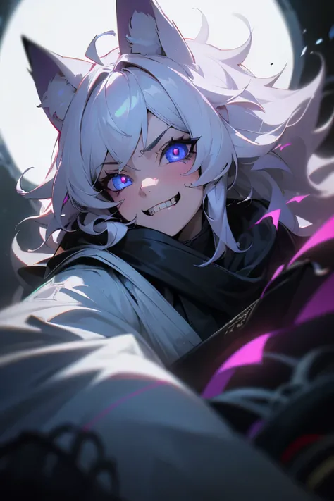 master masterpiece, 4k, highly detailed, HDR, subsurface scattering, cinematic light, (beautiful detailed eyes:1.6), extremely detailed face, 1 woman, mature woman, cat ears, hexmaniac , curly hair, messy hair, white hair, scarf, dark robe, white fur, Neko...