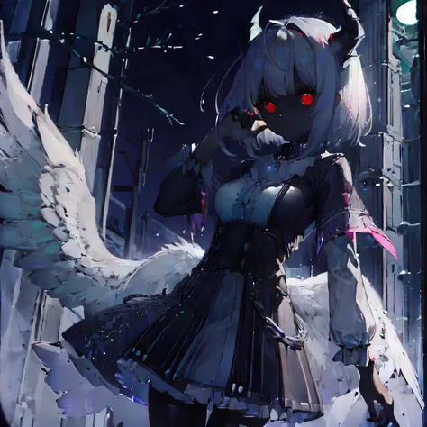 one girl,glowing red eyes,white skin,Gray hair, messy bob hair,short hair,Cracked face,sharp nails,Her hair has the pure white feather horns of a horned owl.,white horned owl horns,owl girl,In the forest through the sun through the trees