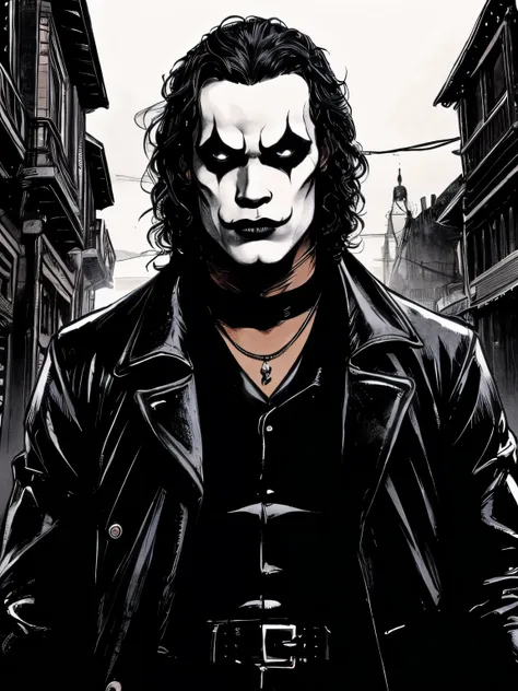 a cinematic poster of the character "the crow". close-up face. the character in the middle of a dark street, with a bright green...