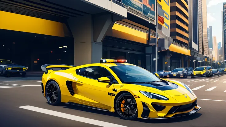 yellow sport car, view from behind, fast driving in city traffic, chased by three police cars, fast paced, energy