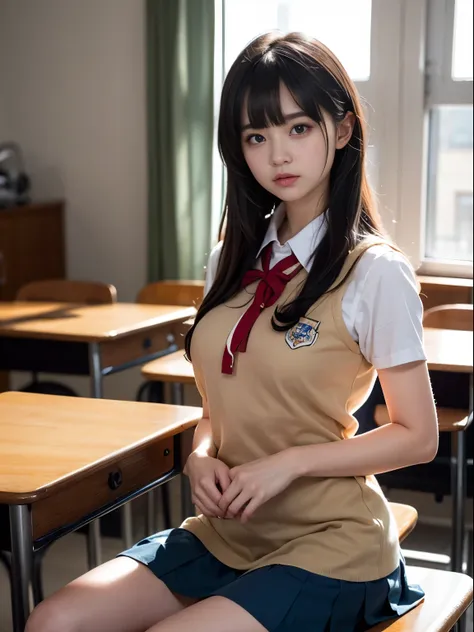 1 young girl, cinematic light, bangs, short cut hairstyle、red ribbon、big breasts、(high school uniform ,mini skirt:1.3), school, ...