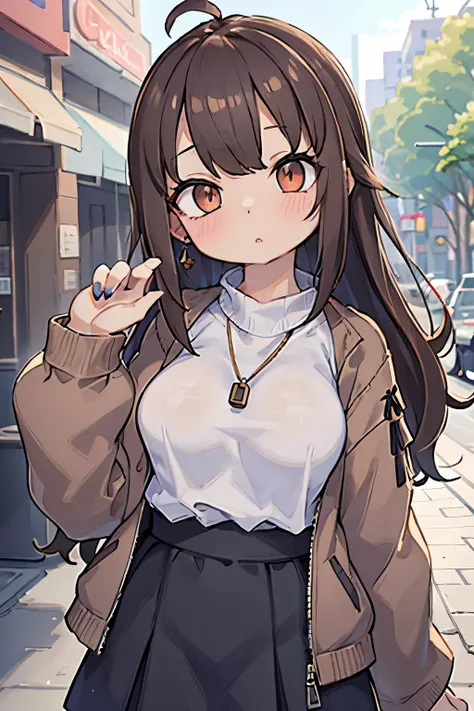 lorua,, , 1girl in, ahoge, bangs, black skirt, black sweater, blue nails, blurry, blurry background, breasts, brown eyes, brown ...