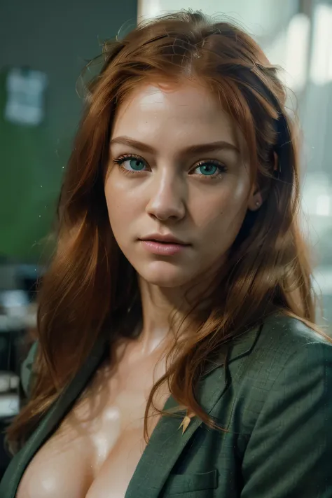 Masterpiece, (((accurate female anatomy, green perfect eyes, long ginger hair, close up portrait, wearing a business suit, in the office)) soft lighting, colors, very detailed, dramatic lighting, digital art trending on Artstation 8k HD high definition det...