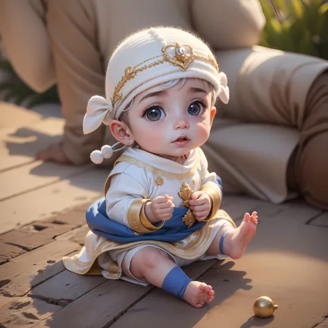 Royal male baby,  3D male baby, soft baby clothes , plusen0 , cheveux bruns, detailed face, confiant, In the grass garden, 8k --auto --s2