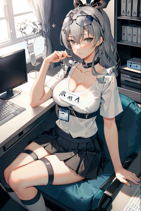 Silver wolf, honkai star rail, 1girl, solo, ((white shirt)), black thighhighs, breasts, cleavage, uniform, office background, black skirt, pleated skirt, office, hair between eyes, hair ornament, large breasts, long hair, looking at viewer, silver short na...