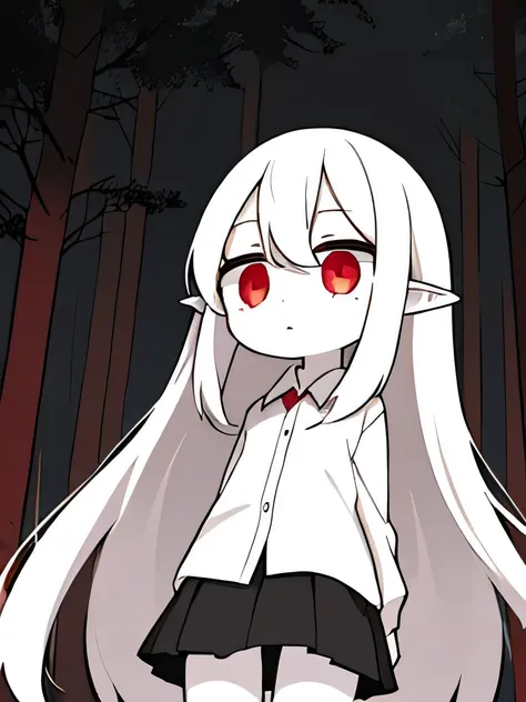 Young female skinny hipster with white hair and pointy ears, blood red eyes, smooth jawline, wearing a white shirt (Pale skin tone) hair is long, i grew up a little, ominous expression, Forest hut background ,The hair goes down to my thighs.., Composition ...