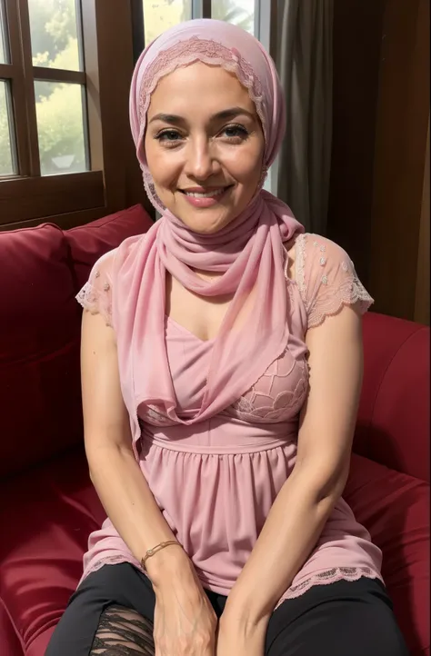 Smile (Transparent lace hijab), The 60-year-old mother is naked, her body is very thin , (Sitting), (High Quality), (4k resolution).