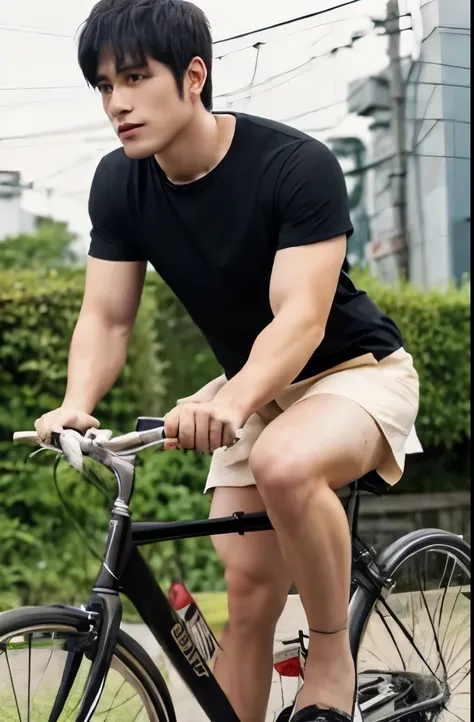 riding a bicycle, whole body, hairy legs, muscular and toned legs, two block, long legs, japan male, 27 years old, thin beard, w...