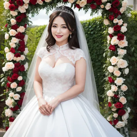 ((highest quality、muste piece、8K、Highest image quality、hyper realism))、(1 Most Beautiful Mature Actress Bride 45 Years Old:1.1)、(the finest giant wedding dress:1.1)、(wedding lace:1.1)、(Top quality giant tiara:1.1)、(Wrinkled face:1.1)、(wrinkles around the e...