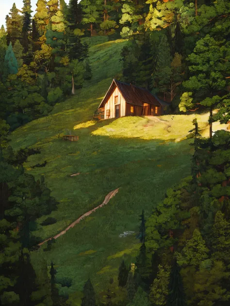 there  a horse that  standing in the middle of a field, wood cabin in distance, beautiful house on a forest path, kodakchrome : : 8 k, house in forest, solitary cottage in the woods, by Daniel Ljunggren, by Leon Chwistek, house on a hill, by Matthias Weisc...