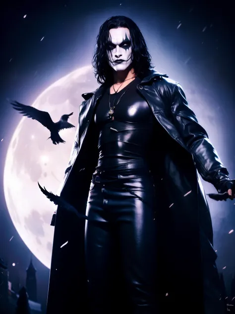 A cinematic poster of the character "The Crow". The character in the middle of a dark street, with a bright green light shining on him. (( The Crow V.IT Face, White face with black makeup )), (((a raven on shoulde)) ), The background is black with smoke. W...