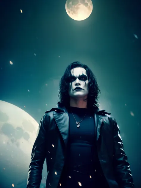 A cinematic poster of the character "The Crow". Close-Up Face. The character in the middle of a dark street, with a bright green light shining on him. (( The Crow V.IT Face, White face with black makeup )), The background is black with smoke. Wearing a The...