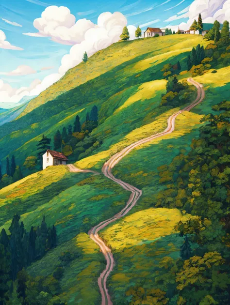 Peaceful and idyllic countryside, Rolling green hills dotted with grazing sheep, Charming villa,Set amidst vibrant flowers, Clear blue sky overhead, Evokes a sense of peace and simplicity, Valle encantador, switzerland, patches of green fields, lush countr...