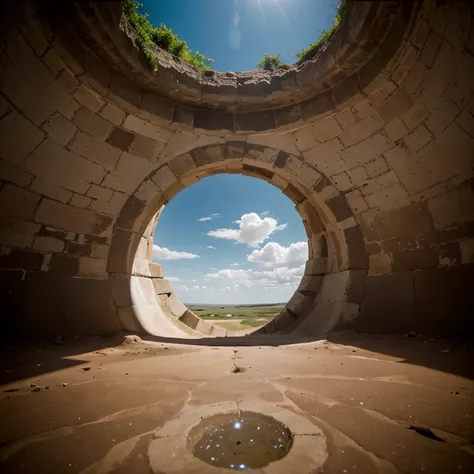 Create a captivating image capturing the transition from a ground surface to a circular well, using a 28mm lens. Frame the shot looking upward from the wells perspective, emphasizing the surrounding earth as it transforms into the circular opening. Highlig...