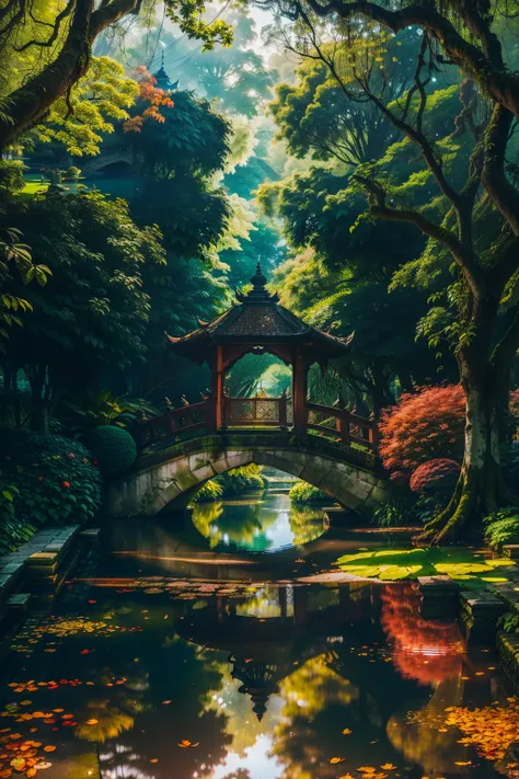 In the serene and tranquil atmosphere of these beautiful landscaped gardens, isolated trails and bridges weave their way through the lush foliage. Brightly colored trees and leaves, reflected in standing water, create a vibrant and picturesque scene. Antiq...