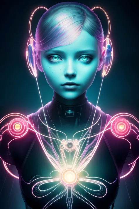 A mesmerizing cyberpunk-style digital illustration emerges, bringing forth an enchanting vision of a young girl adorned with captivating cybernetic implants. This highly detailed artwork intertwines elements of realism and the cinematic, exuding an atmosph...