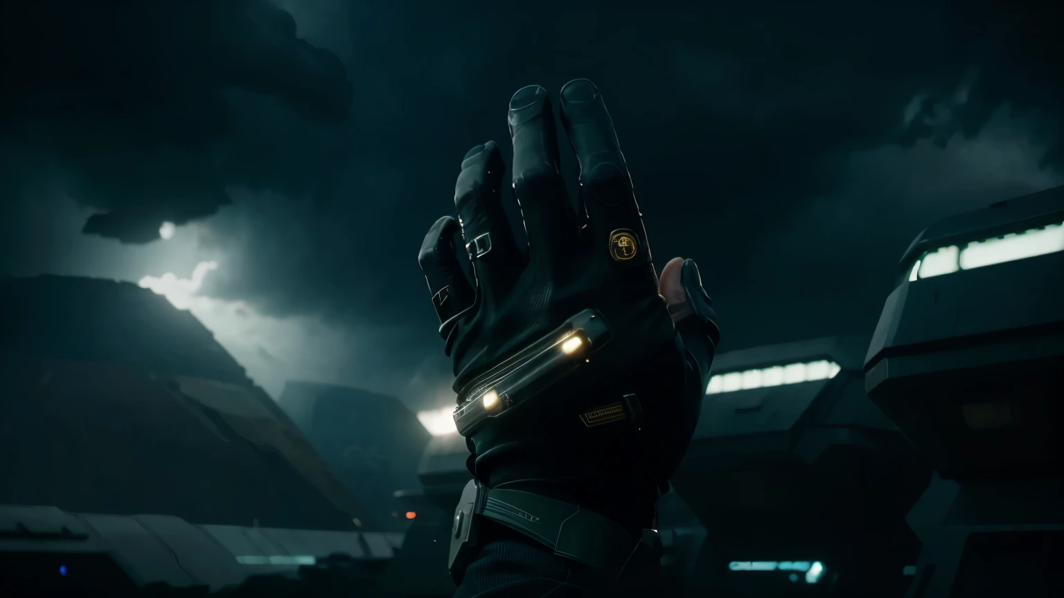 pov of a hand wearing a futurist weapon. Scene of a futuristic war on a sci fi planet lot of details,cloudy day, dark cinematic lights cinematic lights best quality,4k,8k,highres, t Dark and green landscapeatmosphere that conveys sadness, 8k, ultra realist...