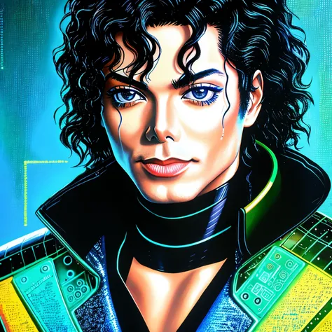 frontal wiel Michael.Jackson with his face wet with water, wearing a cybernetic suit, in a mechanical laboratory with artificial laboratory lighting, styled in 3D oil pastel painting.