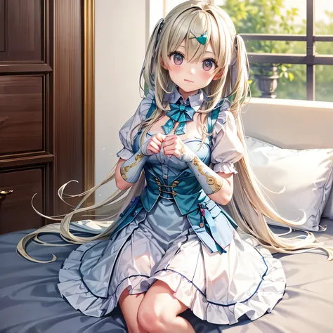 pastel classic style, (artwork), (Amazing work), (Indirect linear lighting), (Chibi Cute Studio), (cuteアニメのGIF), (nice、cute、cute), (Highly detailed wallpapers of CG 8k units), (1 girl) Wearing a beautiful dress, cuteフリルのティアラと長い緑色の髪, Please wear silk gloves...