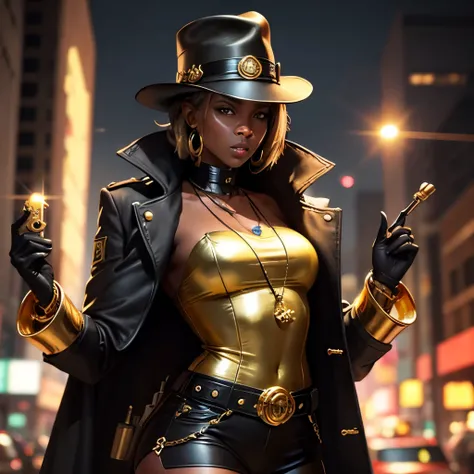 Ebony African inspector gadget, gold jewelry 