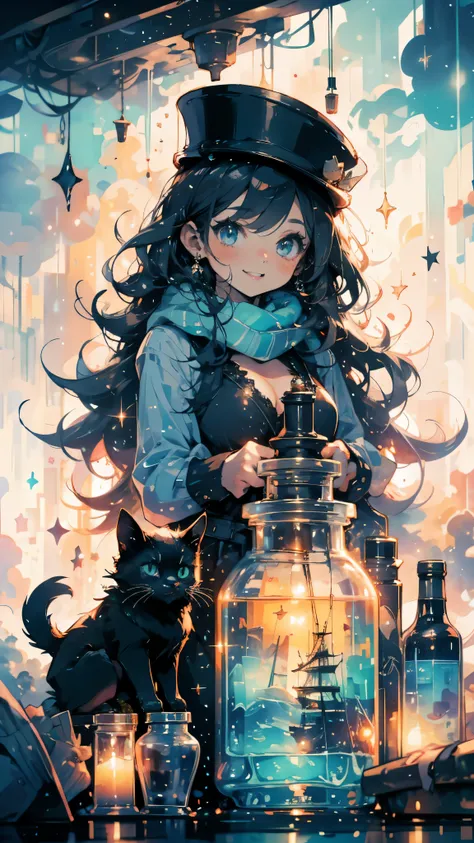 wide angle,high quality,Deep Blue World,snowy daytime,With black cat１girl, Look at the black cat and smile,A black cat is sitting,warm hat and scarf,Her long, waist-length hair is blowing in the wind..,delicate makeup,big breasts,beautiful breasts,とてもshort...