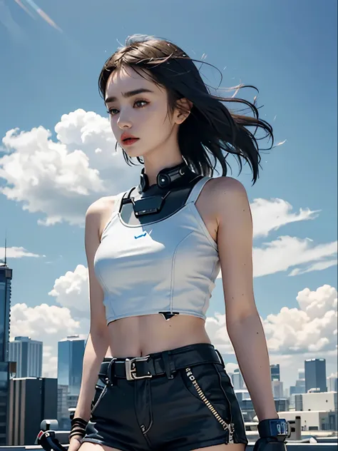 Lily Collins,Tall figure，skin，Upper body shorts，Medium shorts，Complex workmanship，icon，company logo，Emit blue light，background with，future technology，cyberpunk city，，big gear，wind，Blue sky and white clouds，