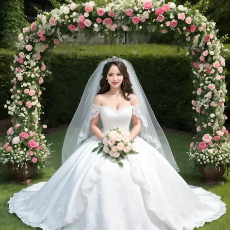 ((highest quality、muste piece、8K、Highest image quality、hyper realism))、(1 Most Beautiful Mature Actress Bride 45 Years Old:1.1)、(the finest giant wedding dress:1.1)、(wedding lace:1.1)、(Top quality giant tiara:1.1)、(Wrinkled face:1.1)、(wrinkles around the e...