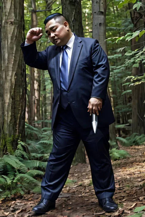 Two people wearing black ties, Fat Chinese mature middle-aged man fights with security guard with knife in forest,Faust