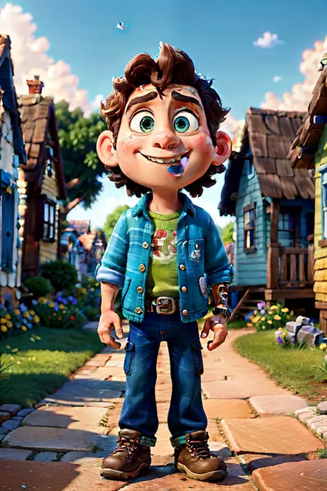 Picture a quaint village with cobblestone paths winding between vibrant cottages, each one exhibiting Disney Pixar-inspired charm in hyper-realistic, 8k, ultra HD quality. In the heart of the village, a curious 14-year-old boy named Tommy, with sun-kissed,...