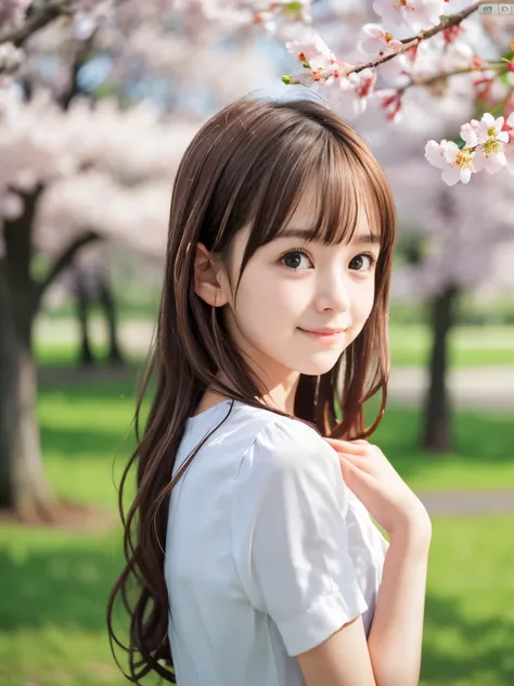 (close up face shot of one slender small breasts red brown long wavy hair with dull bangs girl in spring dress :1.5)、(the girl h...