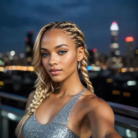 (selfie, center view: 1.4), (full of the body: 1.4), RAW UHD portrait photo of a 28-year-old African (blue-eyed African woman mixed brazillian), blonde braids, large breasts, (sleek jumpsuit), against a New York skyline, (strapless), showcasing (cityscape!...