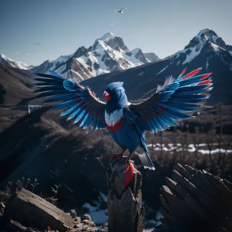 ((bird)), (extremely detailed 8k wallpaper), Dark Theme, ((white, red and blue feathers)), fine focus, (subsurface dispersion:1.1), award-winning photography, (mountains), dramatic lighting.