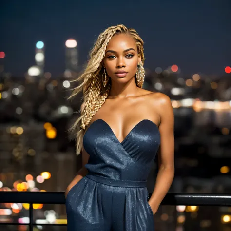 (full body photo: 1.4), RAW UHD portrait photo of a 28-year-old African (blue-eyed African woman mixed brazillian), blonde braids, large breasts, (sleek jumpsuit), against a New York skyline, (strapless), showcasing (cityscape!, skyline lights, glamour!! ,...