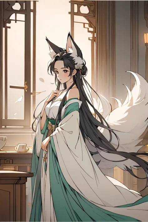 (masterpiece), (best quality), 1girl, girl with fox ears, swimsuit, hanfu, nine-tail fox, off shoulder