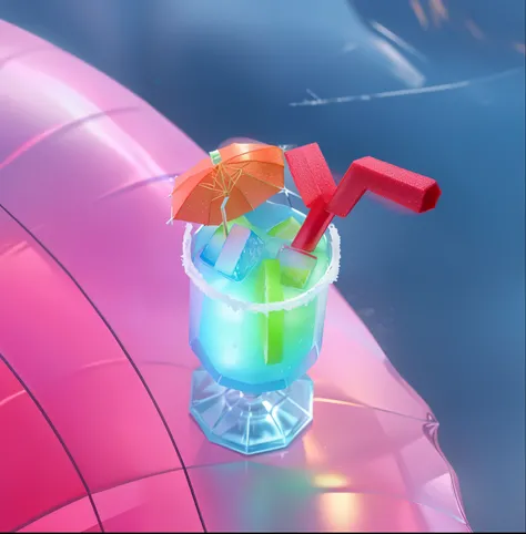 cocktail, cold drinks, with umbrella and cocktail straw, on an inflatable ball, c4d, realistic, 4k, high resolution