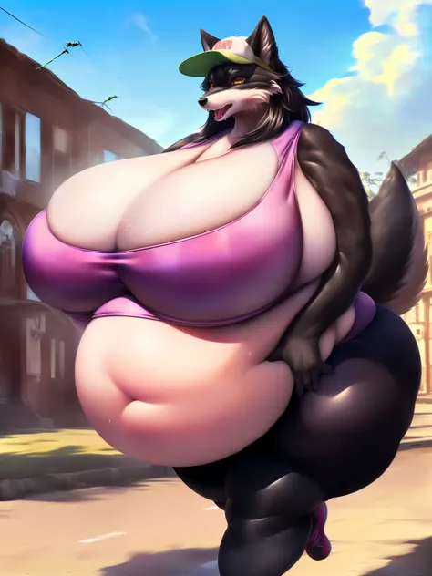 (sfw, 8K, Masterpiece, high resolution, super fine illustration:1.3), (cool, beautiful, fluffy:1.5), perfect anatomy, detailed background, (black fur, 1 female wolf kemono:1.5), (huge breasts:2.4), (huge ass:1.9), (thick thighs:1.85), (plump, fat, round be...