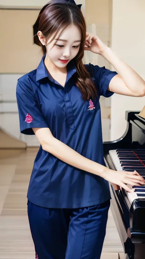 2 girls in the piano room, Short-sleeved shirt,Navy Long Trackpant,Age 25,Slim shape,exercise clothes, voluptuous, Thin, Sexual arousal, sexy