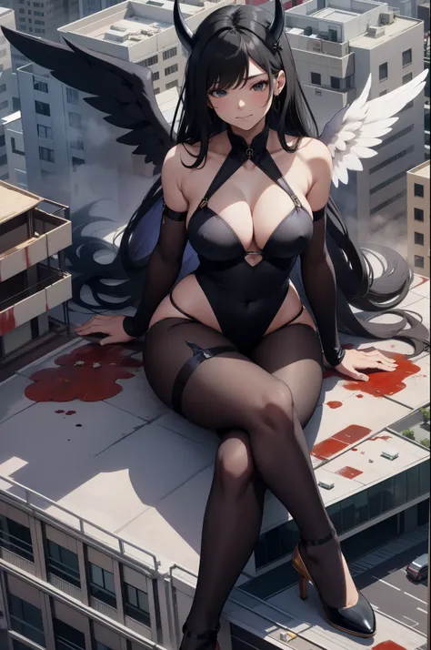 Aerial View，giant girl 50,000 feet high，Have a pair of long legs，Has a pair of huge angel wings，With huge devil horns on his head，Has waist-length black hair，loose hair，Wearing a pair of Mary Jane heels，Big wavy black curls，Black lace gloves，Black lace pan...