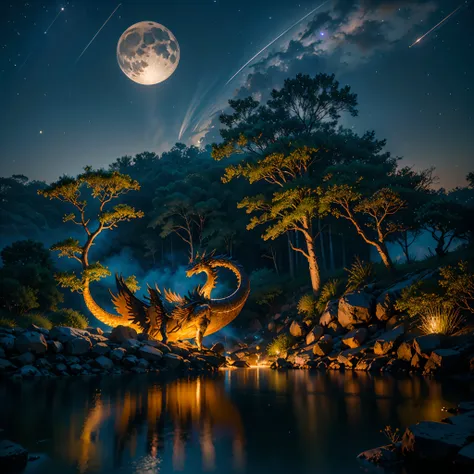 Totem ShootingStar The dragon sleeps in the forest, curled up in a kolachik,lying on its belly, "Suzhou Garden" The head lies on the snow nebulae hyper Nebula Moonrise epic moonset panoramic moonshine "Wood Dragon Totem" Unrealengine5 ultra masterpiece met...