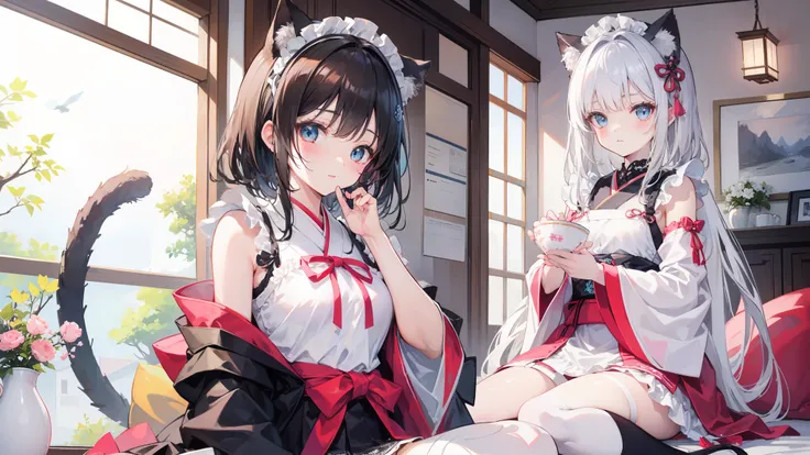 （Best quality)，（Detailed), (2 girls)，A girl wearing a JK uniform，Another girl wears a maid outfit，Girls in maid outfits have cat tails，Girls in maid outfits have cat ears on the top of their heads，Girl in JK uniform pressed on top of girl in maid outfit，wh...