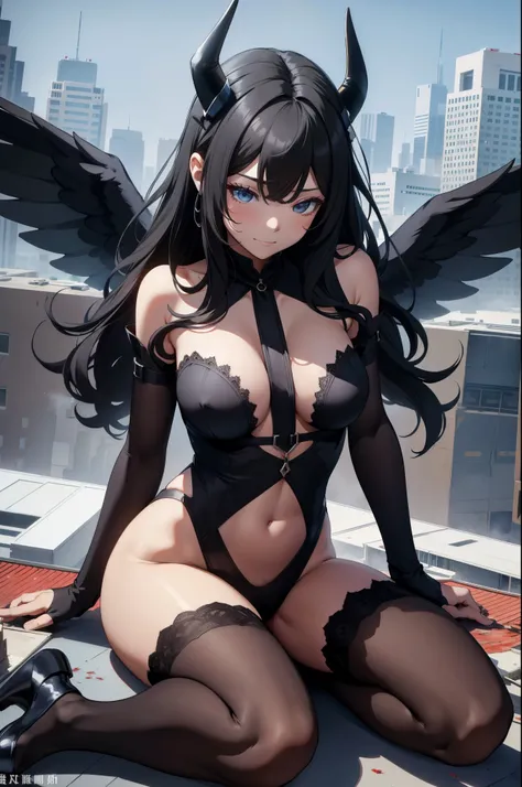 Aerial View，giant girl 50,000 feet high，Have a pair of long legs，Has a pair of huge angel wings，With huge devil horns on his head，Has waist-length black hair，loose hair，Wearing a pair of Mary Jane heels，Big wavy black curls，Black lace gloves，Black lace pan...