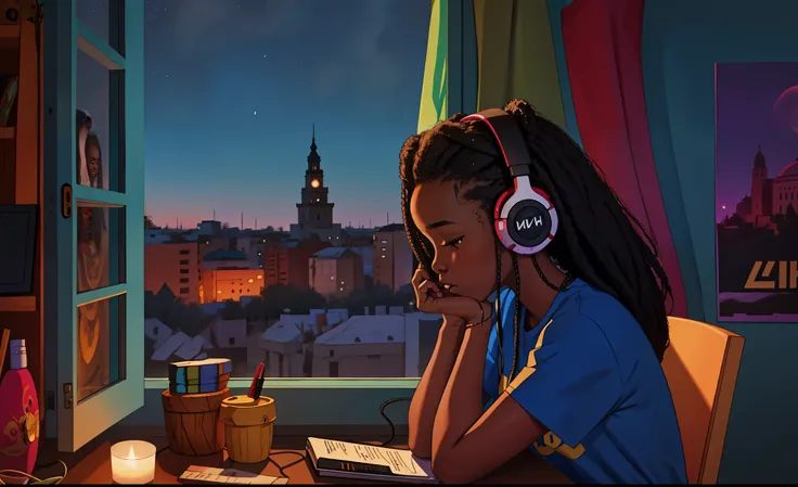 "lofistudy, african girl writing from a side profile with long hair, wearing headphones and a t-shirt, sitting by a window with ...